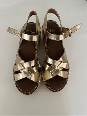 Metallic Gold Braided Leather Wedge Sandals